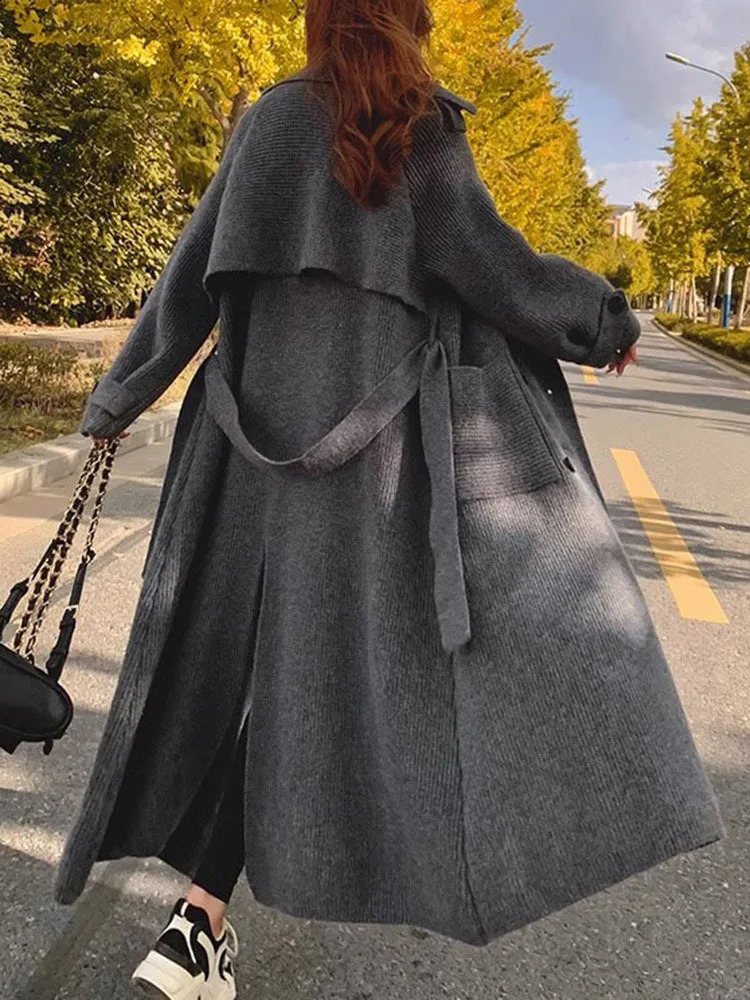 IEQJ Lace-up Spliced Knitting Slim Windbreaker For Women Elegant Thick Casual Solid Trench Coat Autumn Clothing 3WQ7458 240822