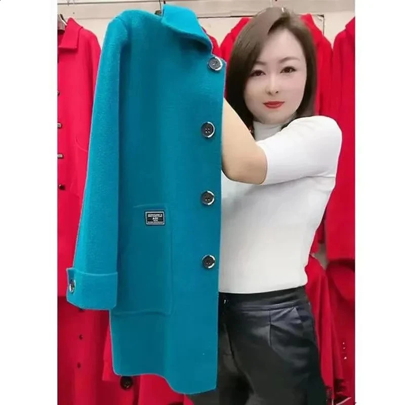 5XL High End Large Size Women Double-sided Cashmere Woolen Coat Autumn Middle Aged Female Korean Loose Mid-Long Wool Outwear 240822