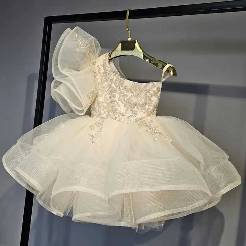 Girls Ball Dress 2023 New Fluffy Goz Ball Dress Childrens Glitter Beige Fashion Birthday Evening Dress W240823