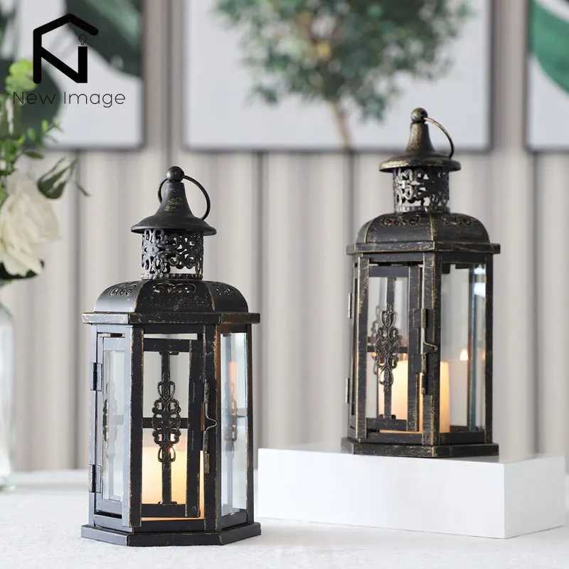 Vintage Nordic Candle Holder Lanterns Candles Aesthetic Hanging Iron Lantern Black Home Decor Wedding Y240823