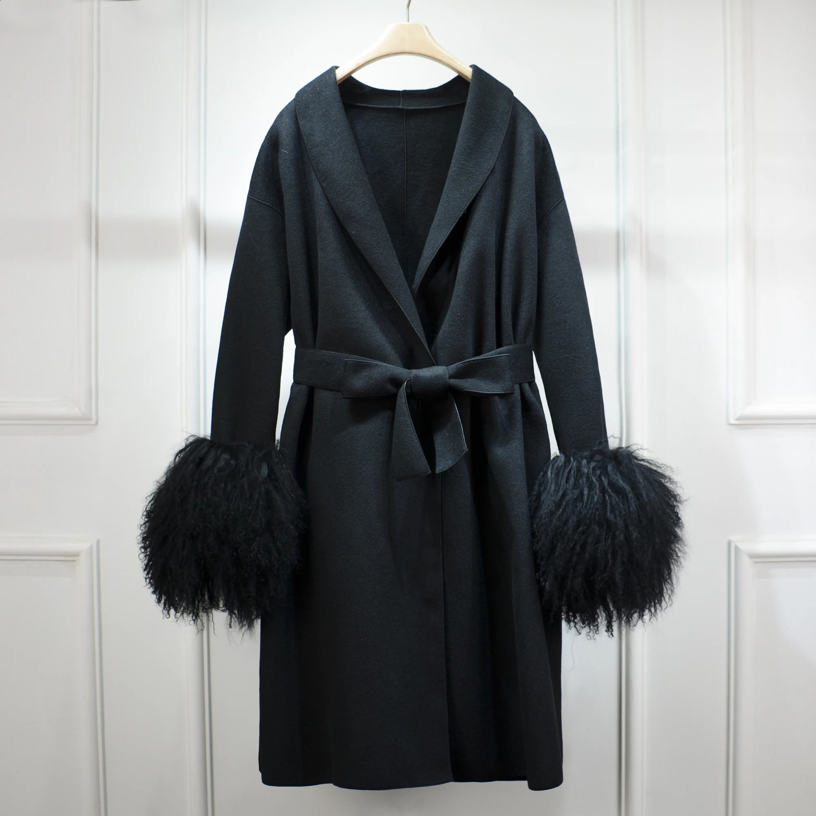 Highend Fluffy Mongolian Fur Cuffs ing Double-Sided Cashmere Jacket Women Suit Collar Sashes Long Wool Trench Coat 240822