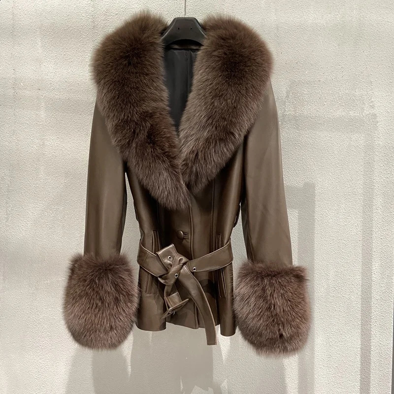 Genuine Leather Winter Jacket For Women With Real Fox Fur Collar And Cuffs
