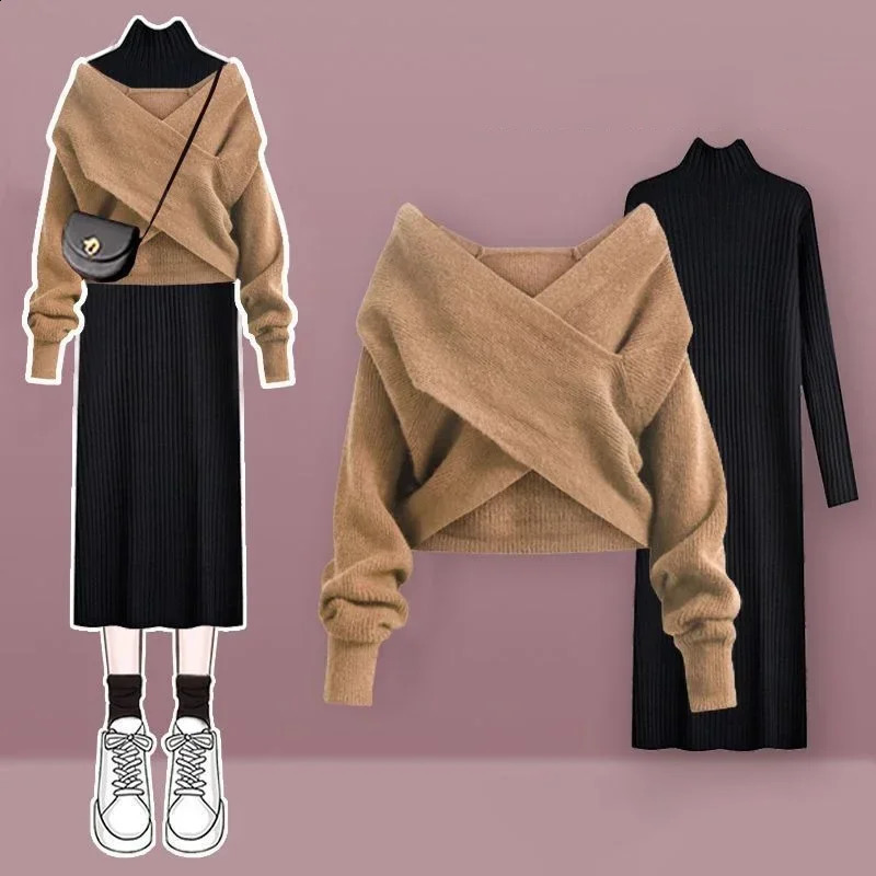 Solid V-neck Sweater Dress Women Autumn Suit Women Korean Fashion Red Sweater Mid-length Knitted Skirt Two-piece Set 240823