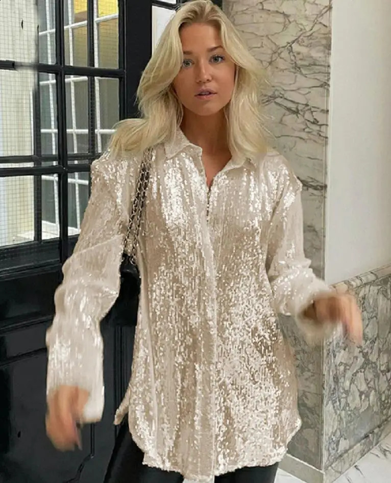 Womens Y2K sequined button down sweater shirt long sleeved sparkling top party club outfit streetwear 240822