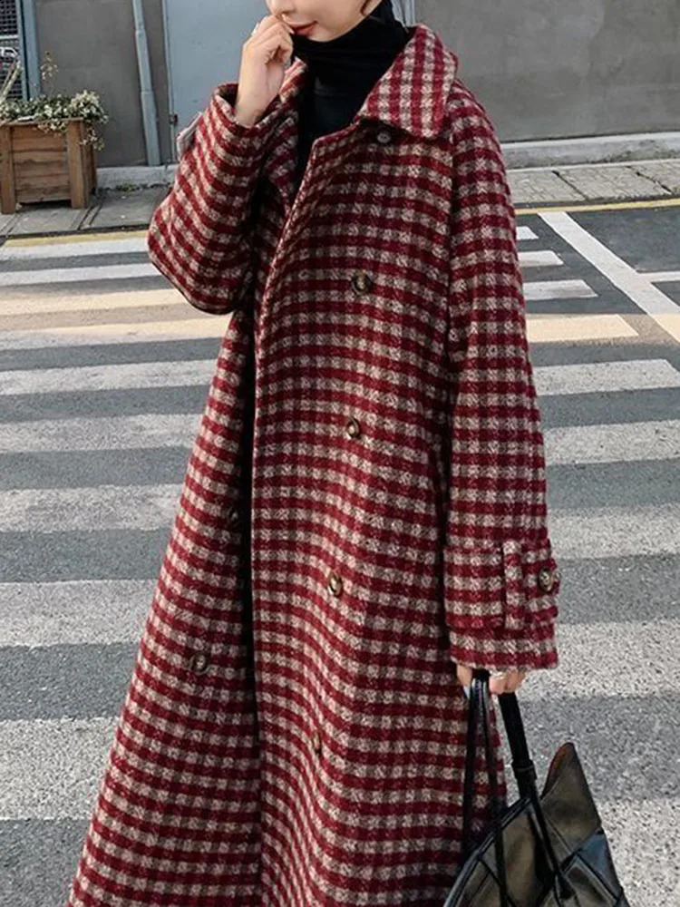 Winter Warm Plaid Long Woolen Jacket Korean Loose Cotton Padded Lined Wool Blend Chamarras Woman Thicken Lapel Coats With Belt 240822