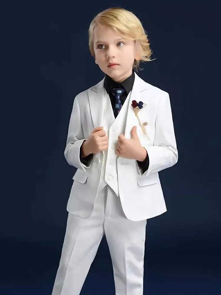 Boys jacket vest pants 3-piece ceremonial photo set childrens piano performance costume childrens luxury white baptismal party dress W240823