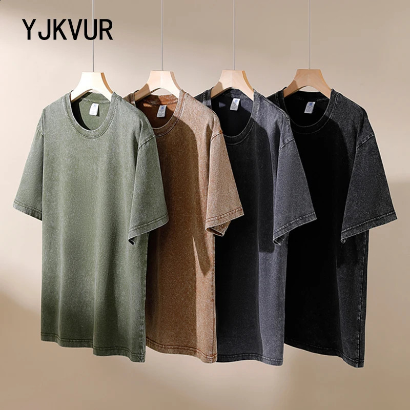 YJKVUR 100 Cotton Washed Vintage Oversized Tshirt Mens Clothing 2024 Summer Causal Korean Y2k Classical Short Sleeve Tops 240822