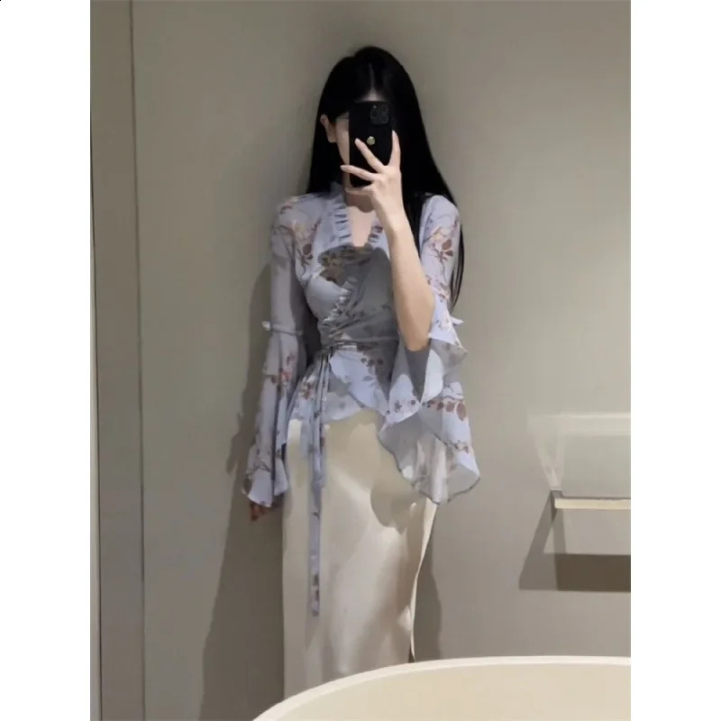 Elegant High-waisted Slimming Solid Color Top Side Slits Summer Fashion Versatile Skirt Set For Women 240823