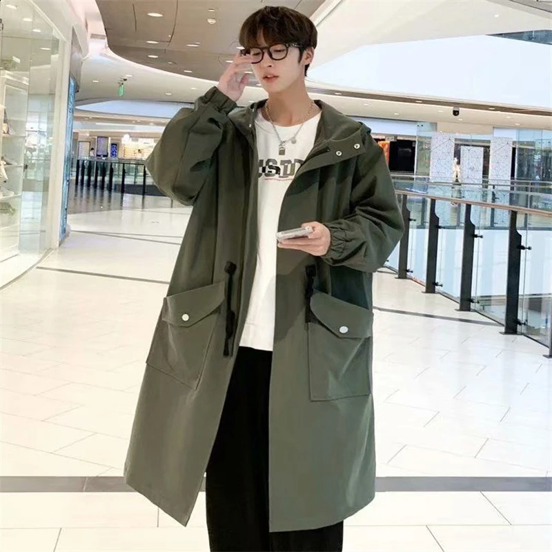 Mens Fashion Trench Coat Black Windbreaker Man Hooded Coats Loose Long Coats Wild Spring Autumn Hoodies Tops 240822
