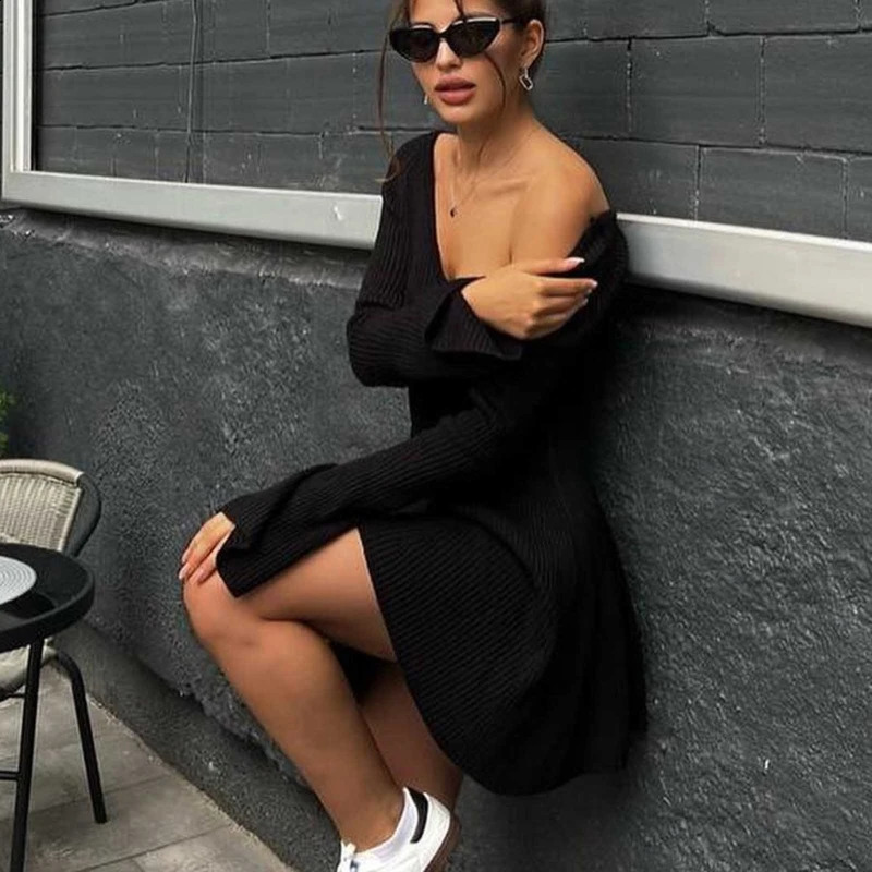 Women Sexy V Neck Long Sleeve A Line Casual Swing Rib Knitted Mini Sweater Dress 240823