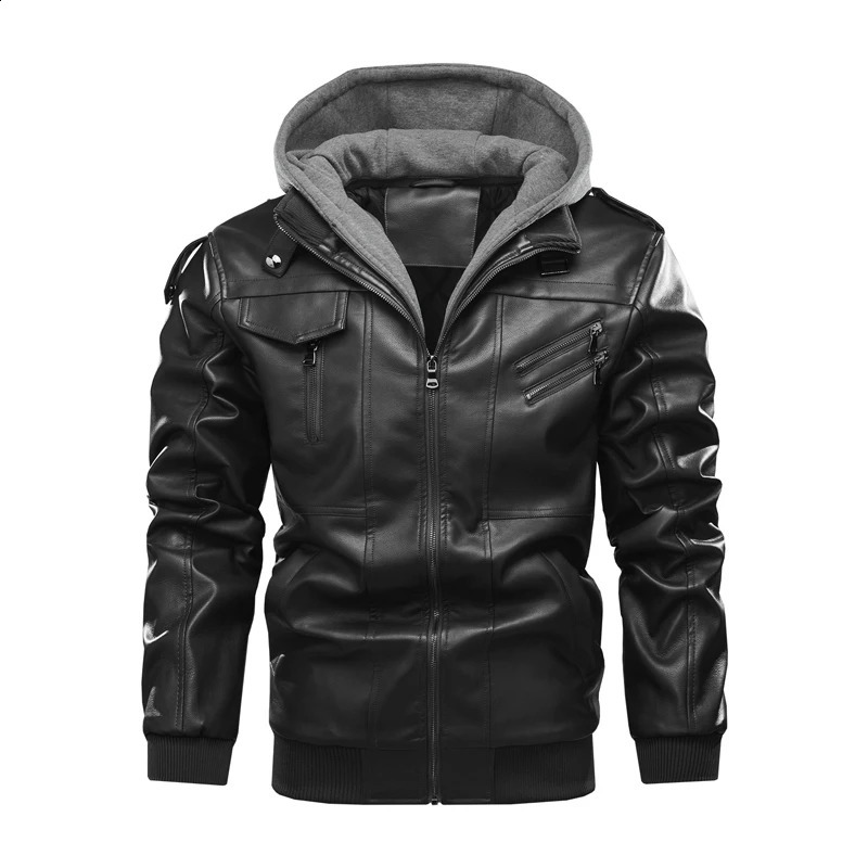 Faux leather jacket mens autumn and winter leather jacket mens windproof and warm motorcycle jacket hooded Pu jacket K483 240822