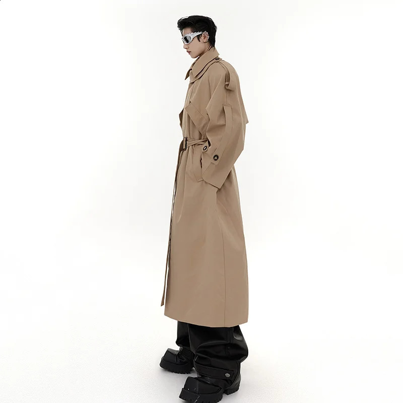FEWQ Mens Long Overcoat Shoulder Pad Windbreaker Streetwear Safari Style Knee Length Coat Fashion Male Clothing 9C1708 240822