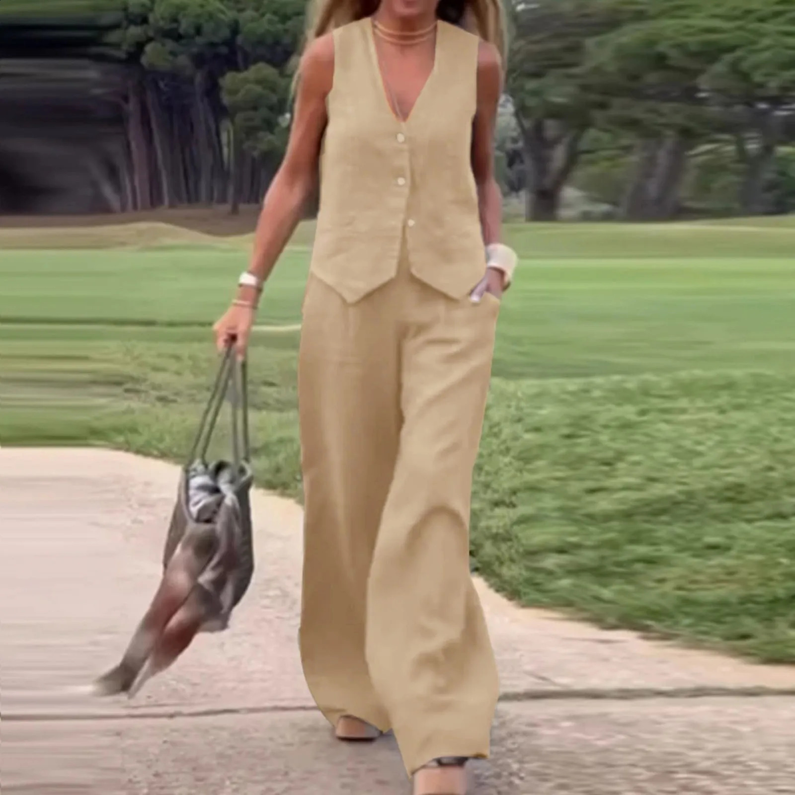 Casual solid 2-piece pants set elegant womens vest set sleeveless V-neck vest top fashionable pants set oversized matching set 240823