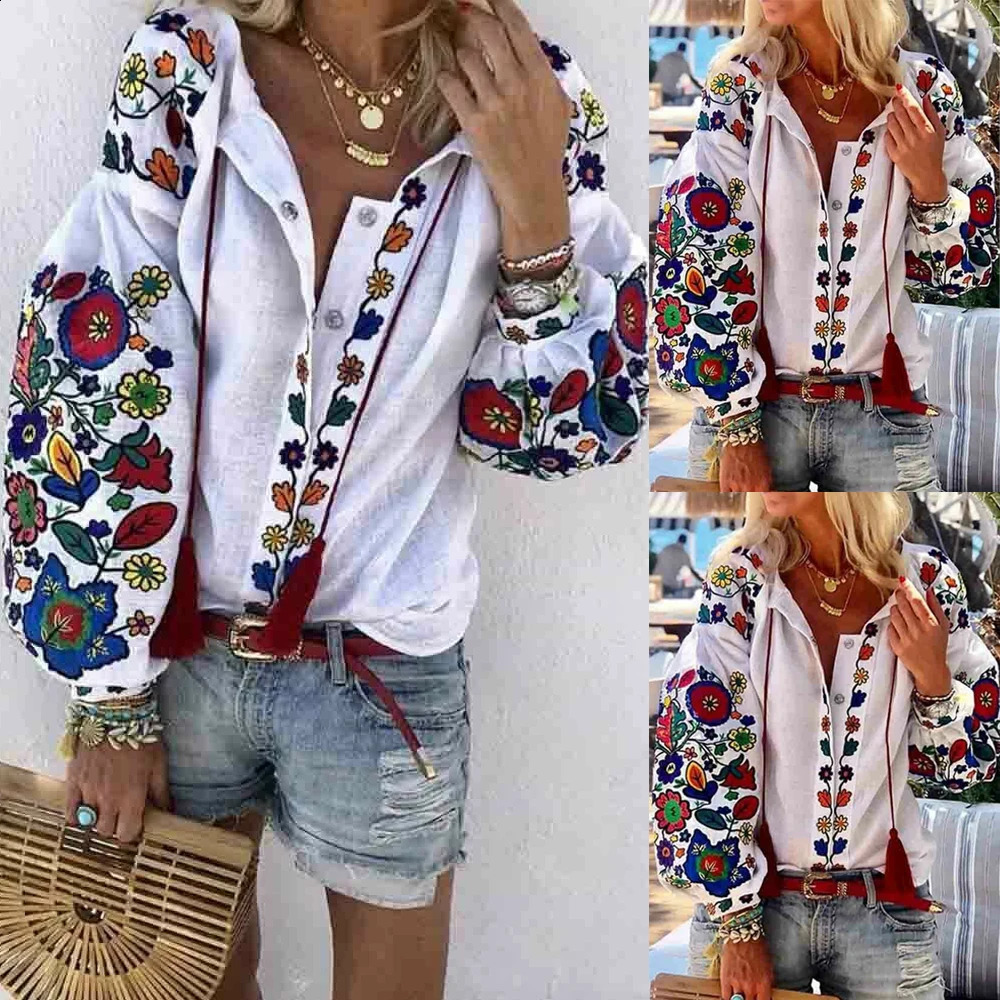 Autumn womens Vneck puff sleeve casual loose long sleeved top 240822
