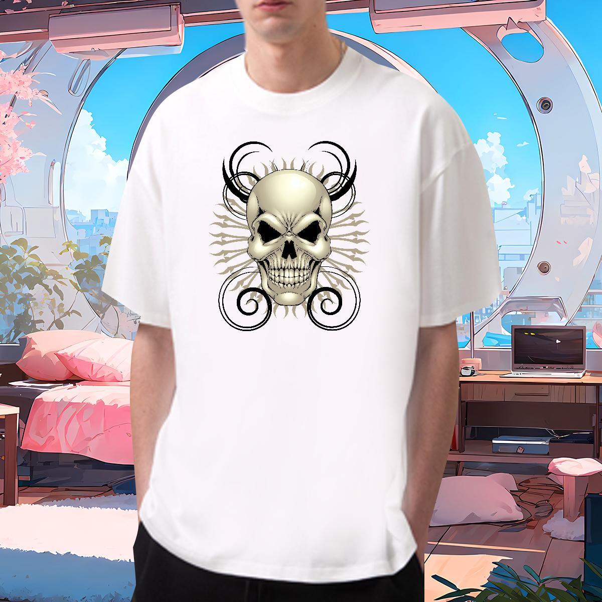 Loose Men T Shirts 100% Cotton 230g skull Daily Outfit Custom Printed Round Neck Short Sleeve Men Tshirts New Arrival Tops