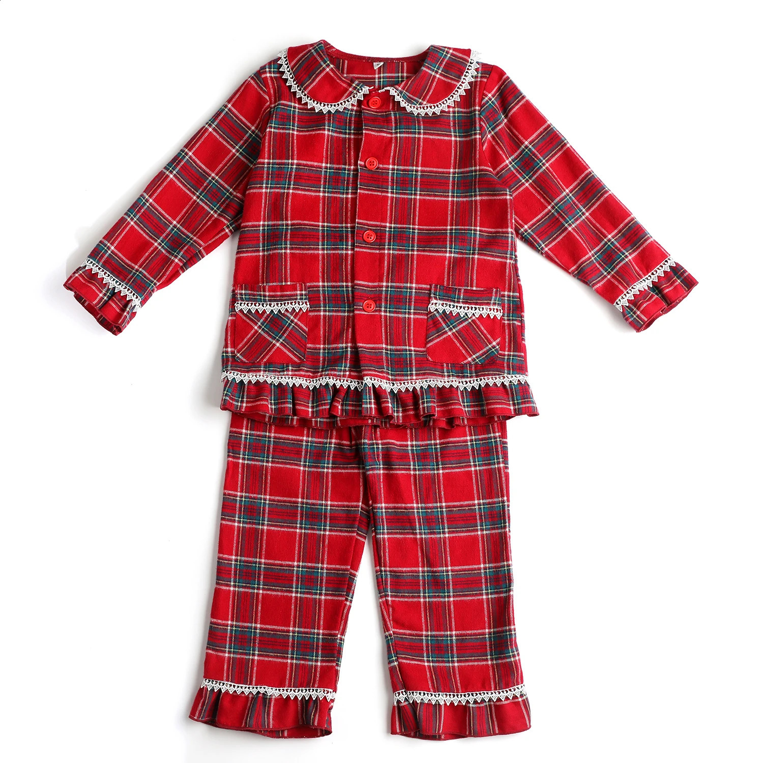 Mudbala Kids Girls Flannel Christmas Pajamas Red Checked Sibling Matching Winter Matching Pyjamas Set 240913