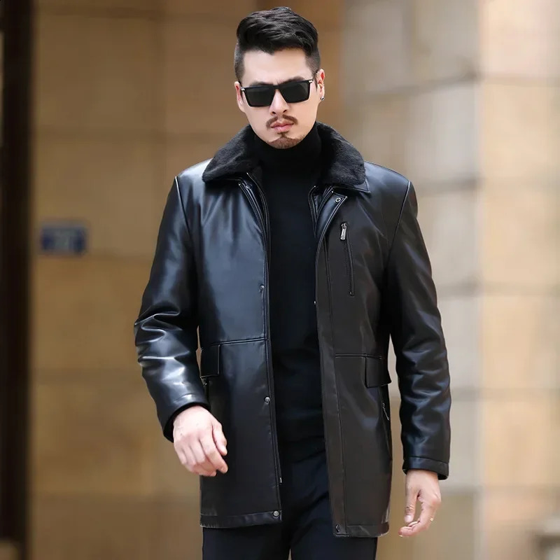 Mens Sheepskin Genuine Leather for Middle-aged and Elderly Men Plush and Thickened Winter Warm Mid Length Jacket 240822