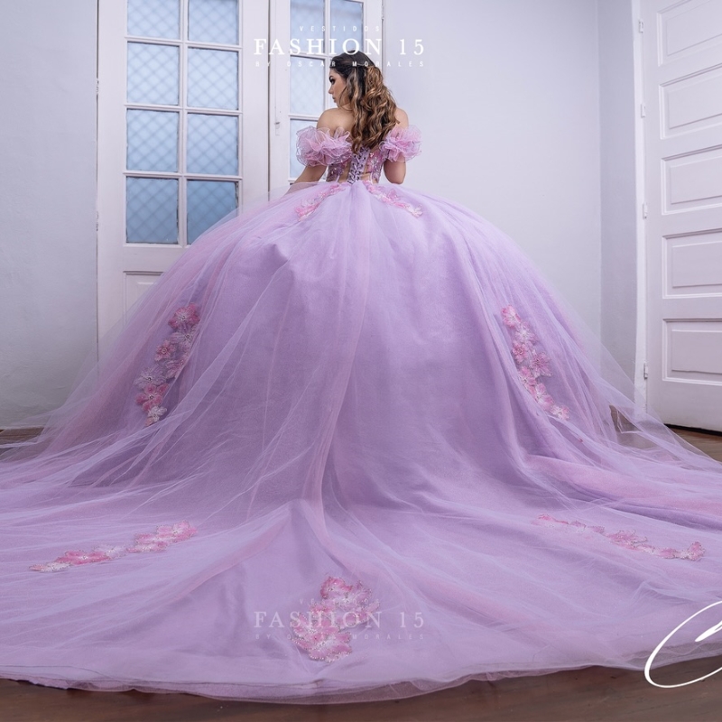 Lilac Princess Quinceanera Dresses Off The Shoulder 3D ral Applique Beaded Tull Corset Sweet 16 Dress Vestidos De 15 Anos