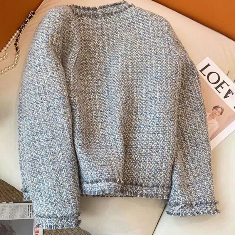 Spring Autumn Chic Tweed Jacket Womens Outwear Korean Drama Wears Loose Single-Breasted Sweet Woolen Coat Tops 240822