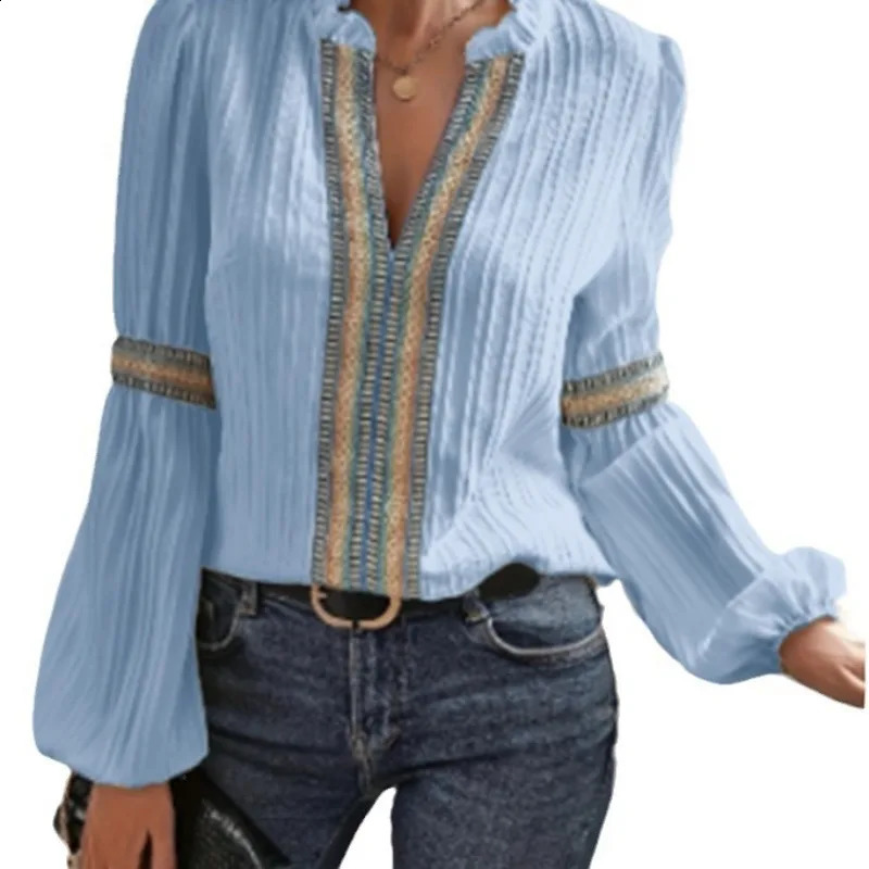 Womens shirt lace long sleeved casual style womens Vneck printed spring and summer floral dress 240822
