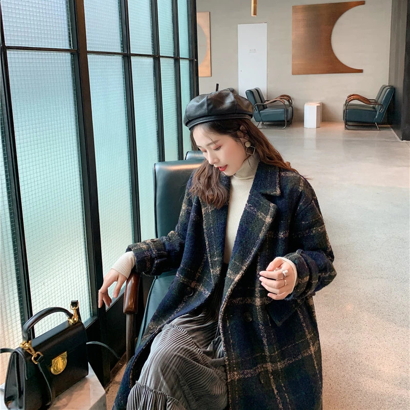 Autumn Winter Long Plaid Wool Coat Women Double Breasted Thicken Loose Woolen Overcoat Female Quited Coats 240822