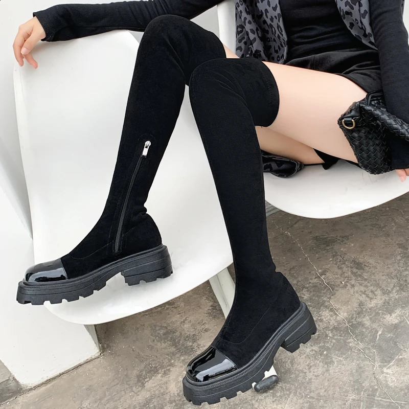 Winter long tube knee high boots for women Leather black thin stretch boots thick soled square boots knight boots 240823