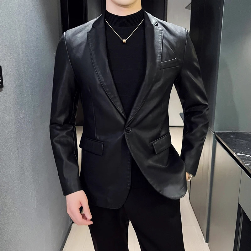 Mens PU Jacket with Suit Collar Faux Leather Jacket Mens Leather Jacket Suit Collar Fashion Urban Business Casual Suit 240822