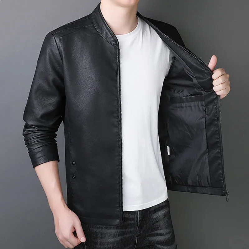 Trend Motorcycle Jacket Mens Fashion Leather Jacket Slim Fit Neckline PU Jacket Male Anti-wind Motorcycle Jackets Men Biker Coat 240822