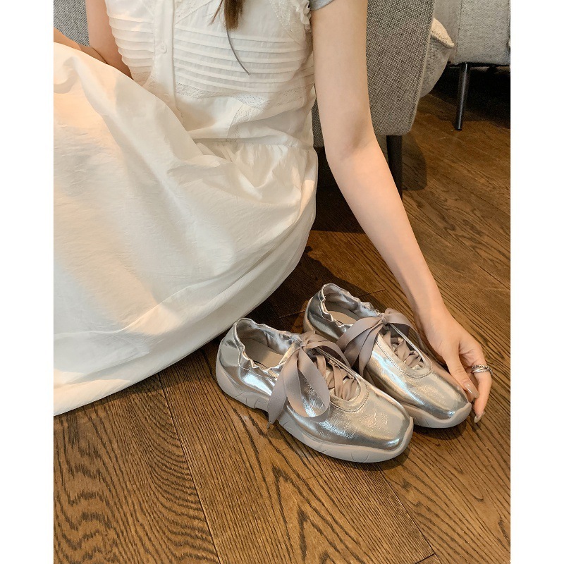 ddmytiger Cowhide Version Su Yinyin S Same Silver Strap Thick Soled Casual Sports Shoes Women Ballet Style Real Leather Training OUTDOOR ddmythur