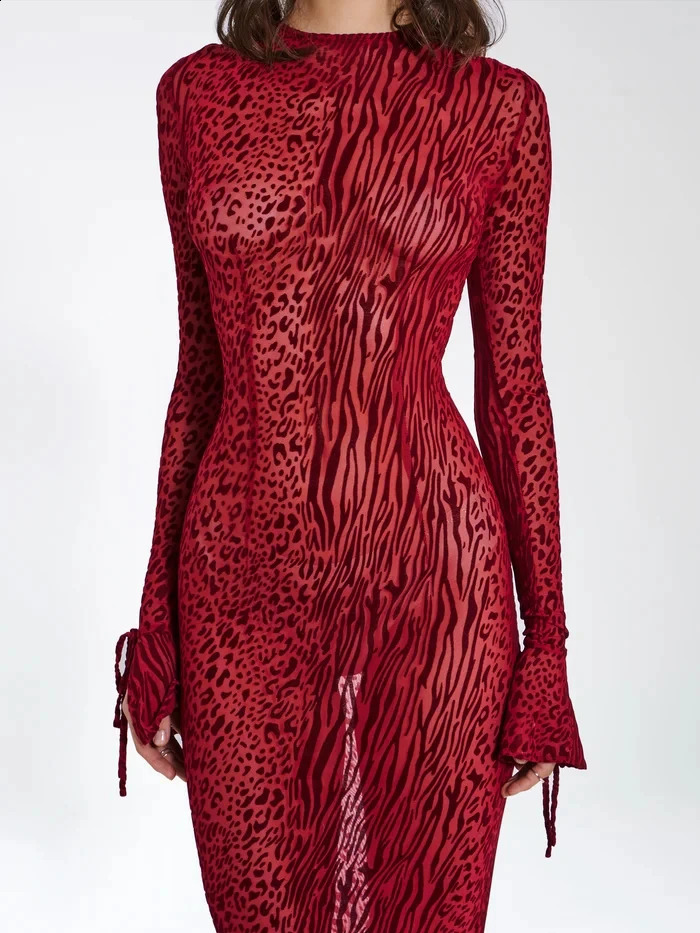 Leopard Bodycon Sheath Sexy Club Women Dresses O Neck Outfits Backless Hollow Out Open Back Mesh Dress Evening Dress Vestidos 240822