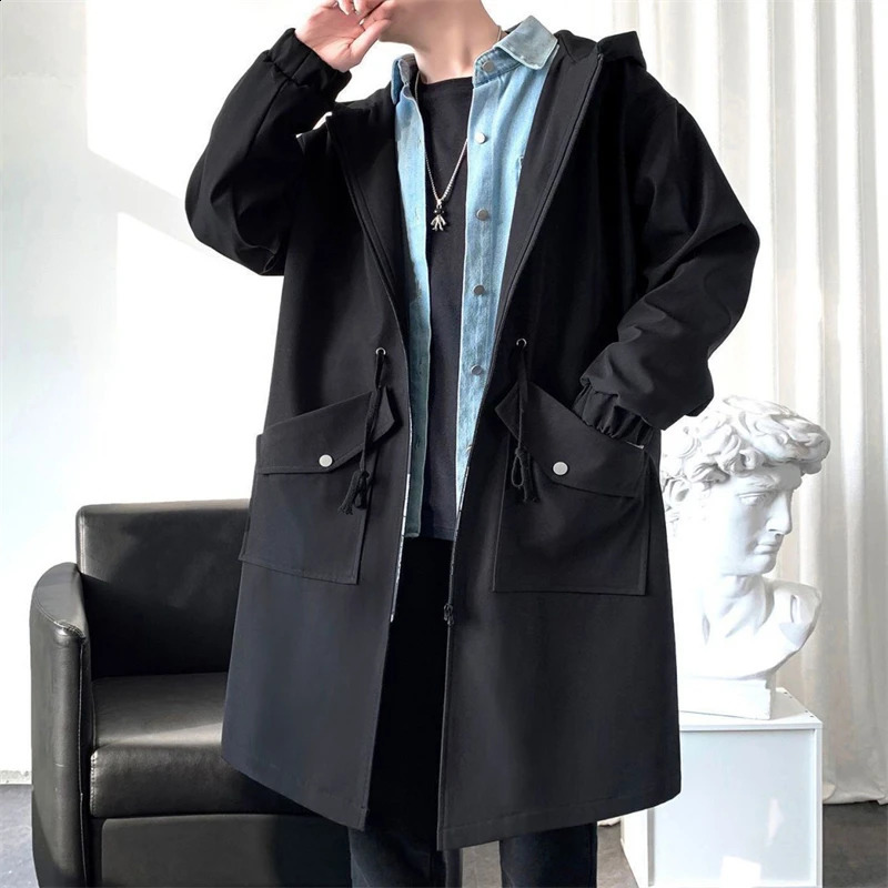 Mens Fashion Trench Coat Black Windbreaker Man Hooded Coats Loose Long Coats Wild Spring Autumn Hoodies Tops 240822