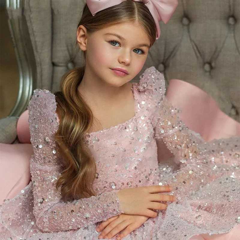Girl sequin dress princess birthday party wedding picture bow long sleeved fluffy chiffon childrens clothing baby bath W240823