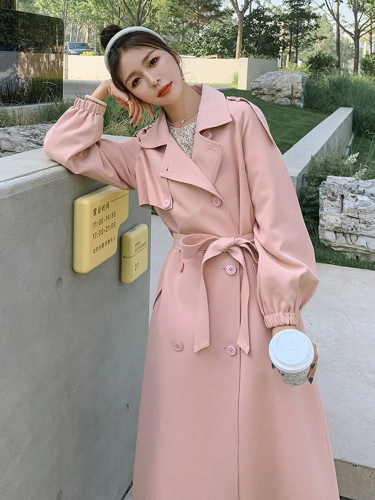 LANMREM Pink Trench Coat For Women Spring Double Breasted Long Sleeves Belt Windbreaker Female Outerwear Elegant 2R3056 240822