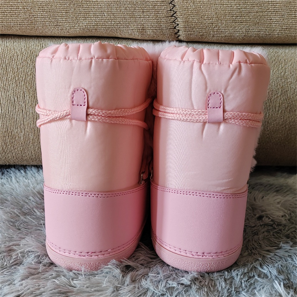 Women 2024 Winter Fluffy Furry Faux Fur Snow Woman Lace-Up Waterproof Platform Ankle Pink Ski Boots