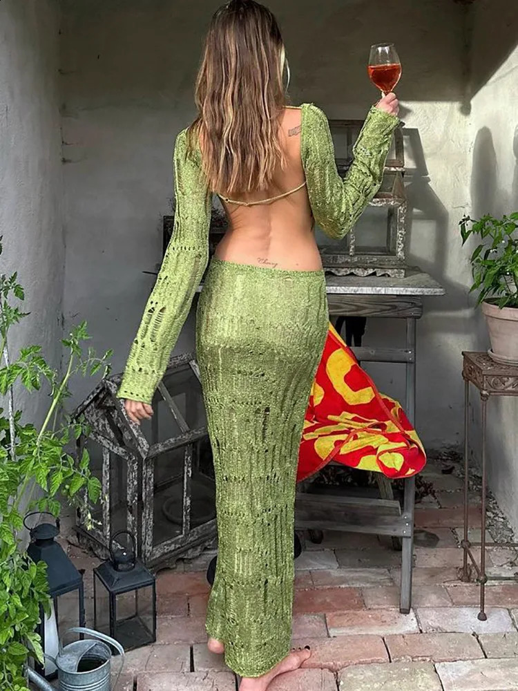 Women Fashion Knitted Solid Long Sleeve Backless Sexy Slim Maxi Dress Fall See Through Vacation Party Outfit Y2K 240823