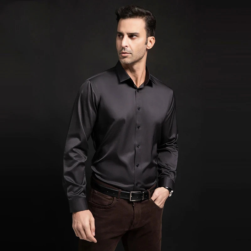 T446 Quality Stretch Anti-Wrinkle Smooth Men Shirts Long Sleeve Dress Shirt For Male Slim Social Business Blouse Shirt S-6XL 240822
