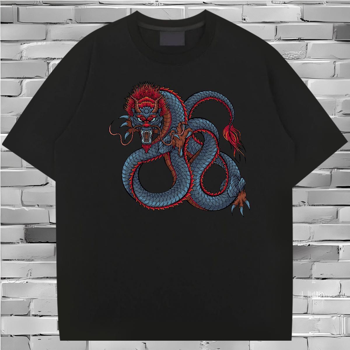 Cool T-Shirts for Men 230g Cotton dragon Hip Hop Street DIY Anime Breathable Crew Neck Tshirt for Man Woman 2024 New Tops