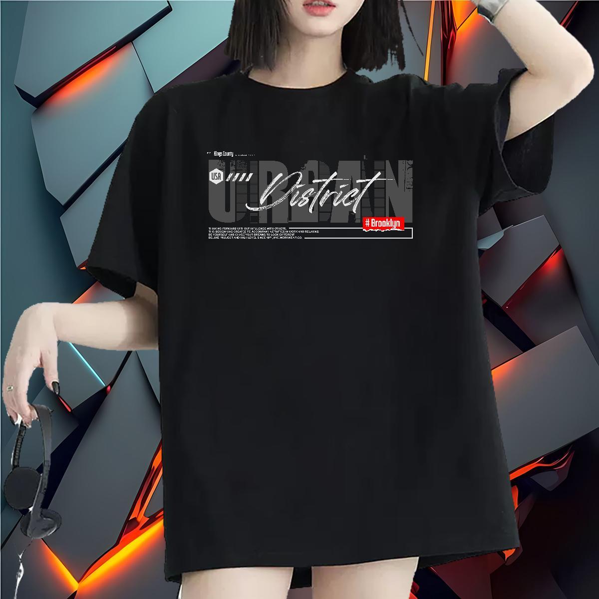 Loose fit Lady T shirt 230g 100% Cotton letter Daily Outfit Woman T Shirts Breathable Crew Neck Black White Tops Shirt