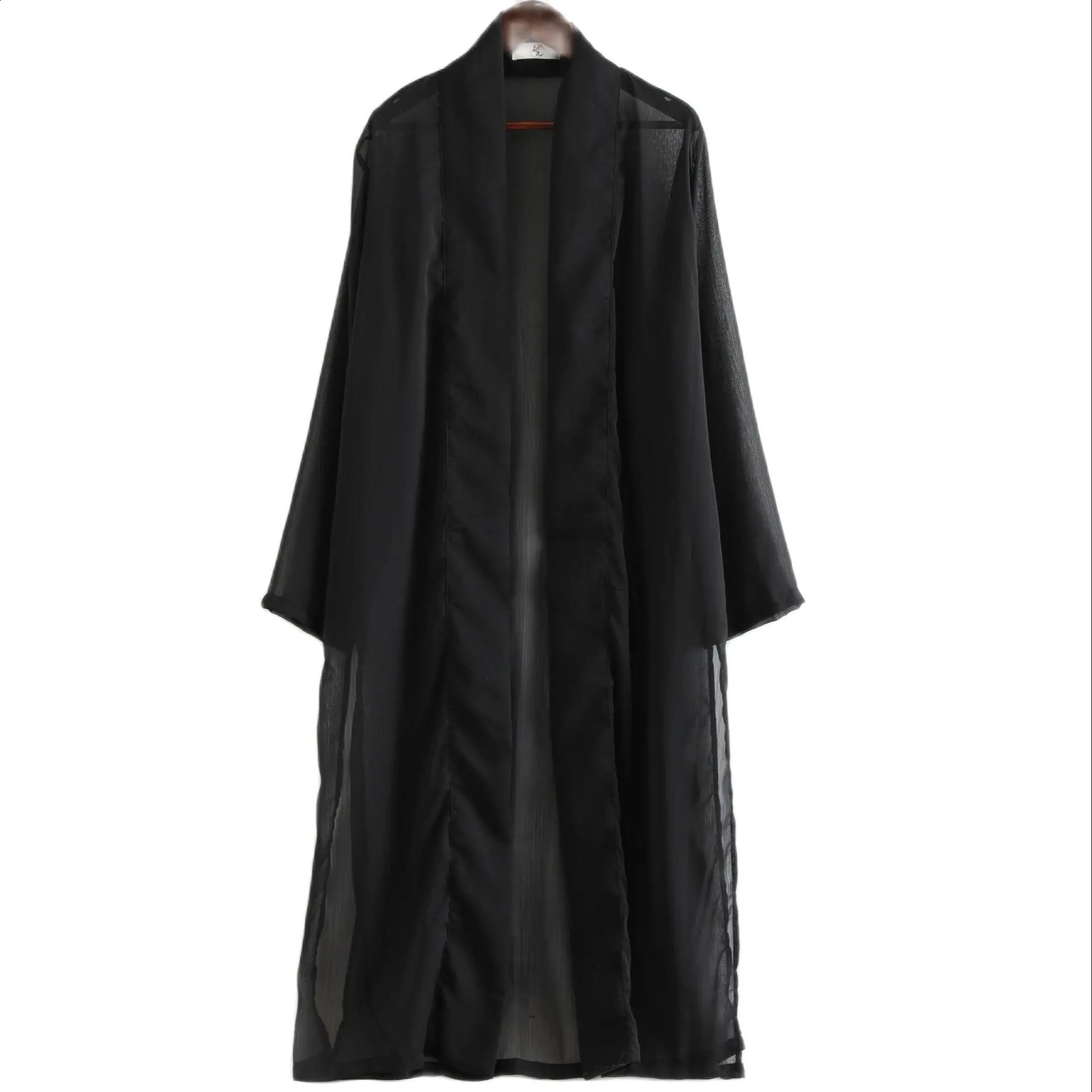 Summer National Style Fashion Chiffon Long Trench Coat Men Side Slit Ultrathin Breathable Black Linen Cardigan Jacket 240822
