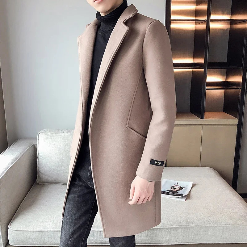 Elegant Sky Blue Man Coats Long Jackets Mens Vintage Winter Long Trench Coats Slim Fit Retro British Woolen Overcoat White Khaki 240822