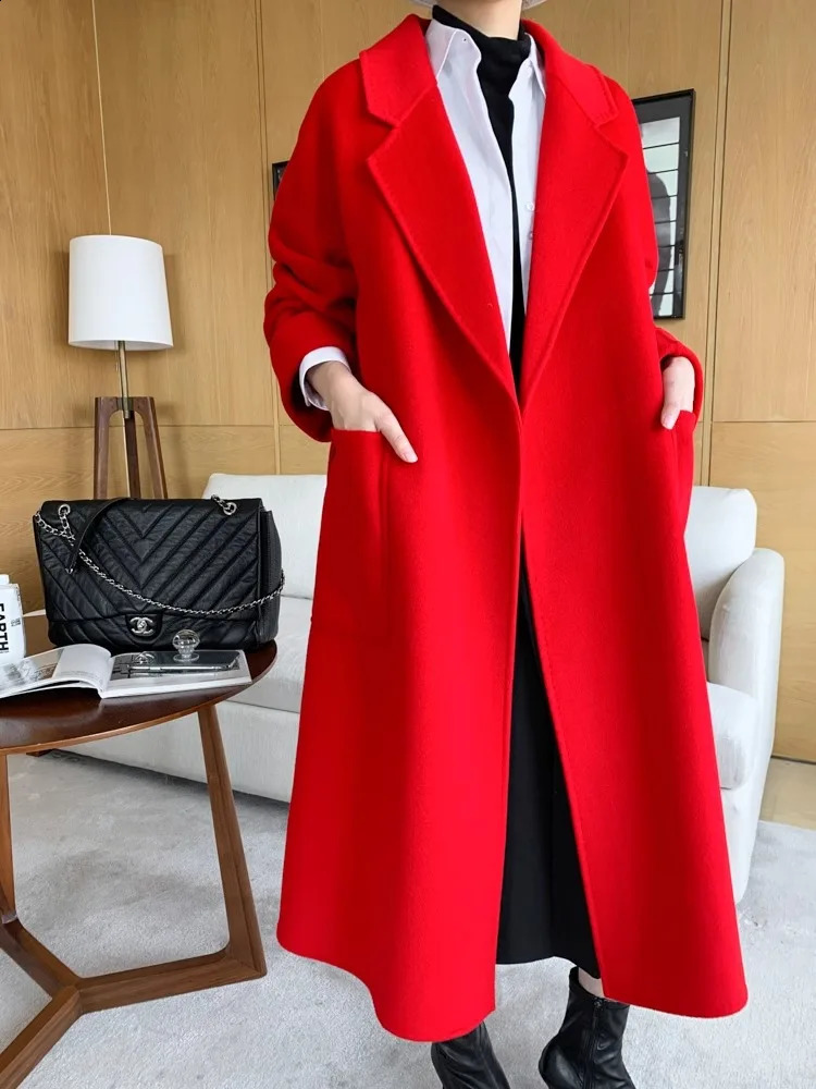 Double-Sided Cashmere Coat For Women In Autumn And Winter High-End Lapel Belt Loose And Long Knee Length Wool Woolen 240822