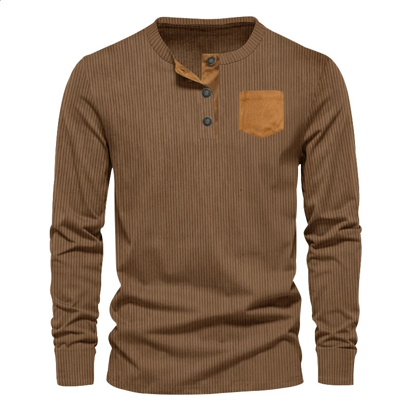Spring Casual Mens Denim Henley Shirt for European and American Foreign Trade Long Sleeve Patch Bag Tshirt 240823