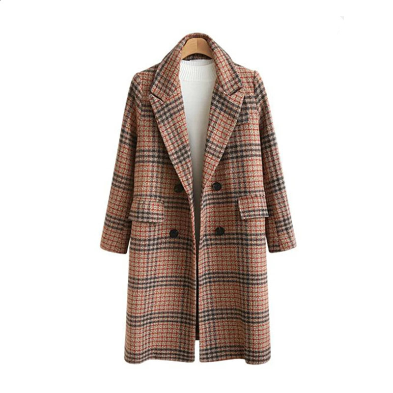 Women Coat Long Jacket Woolen Plaid Double Breasted Lapel Overall Autumn Winter Loose Fitting Blazer Checkered Long Sleeve 240822