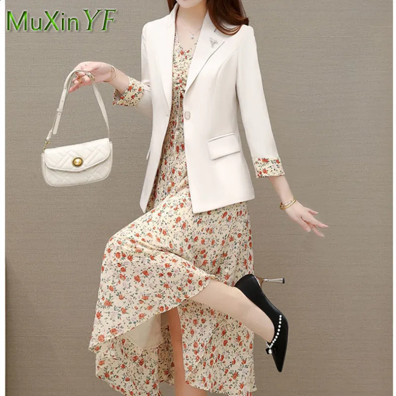 Spring and Autumn Suit Dress Two-piece Womens Elegant Blazers Floral Skirt Set French Fashion Office Professional Wear 240823