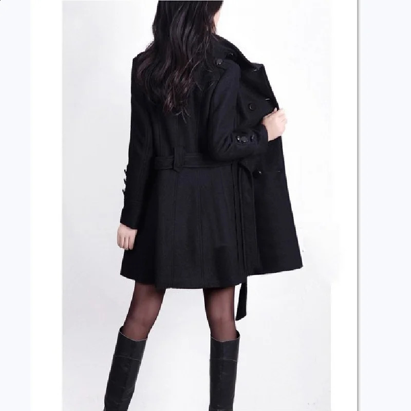 winter woolen coat with belt women ladies autumn Slim long sleeve woolen coats chic overcoat 240822