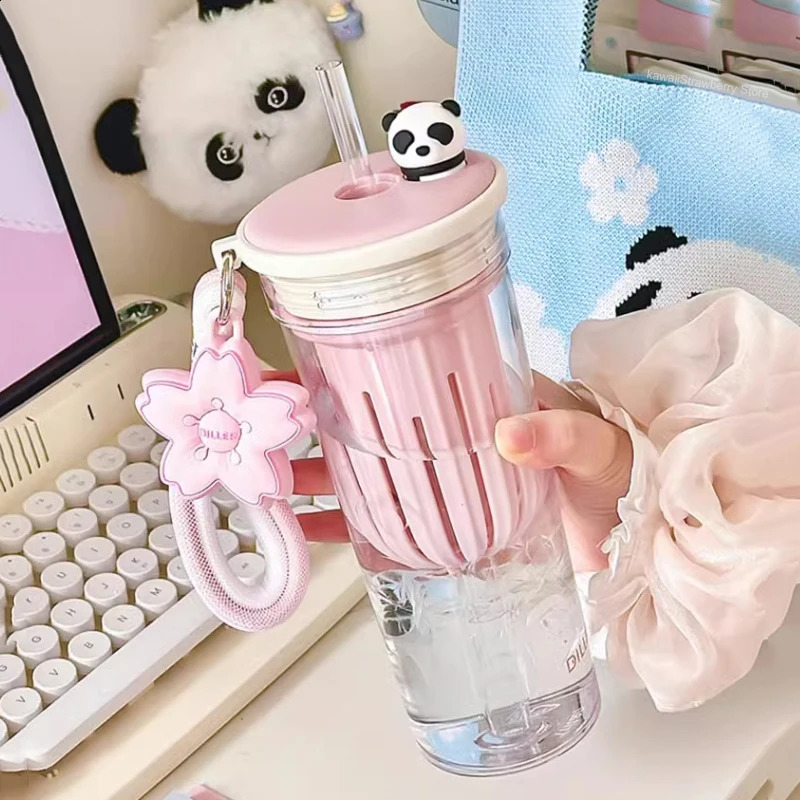 650ml Kawaii Sakura And Panda Water Bottle With Filter Cute Tritan Sport Ice Coffee Tea Juice Cups Gym Bottle For Girl Women 240822