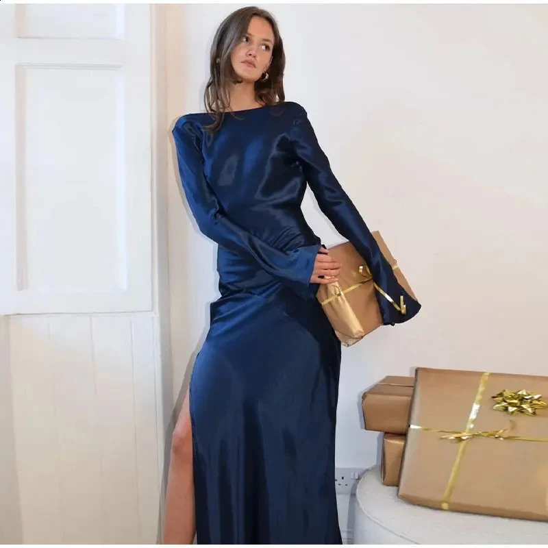 DRC Woman Flare Long Sleeve Sexy Backless Strapless Satin High Split Autumn SolidDresses Ladies Elegant Slim Party Long Dress 240823