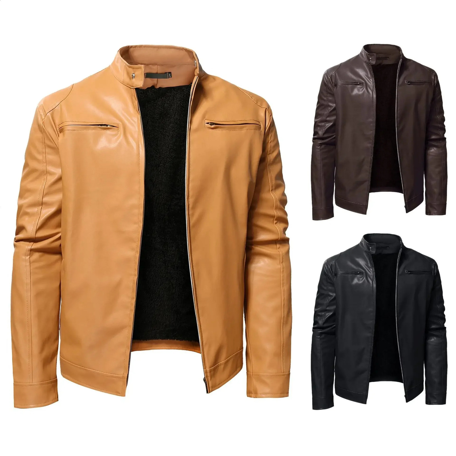 Autumn mens business gentleman plush and thick zippered cardigan stand up collar large leather jacket 240822
