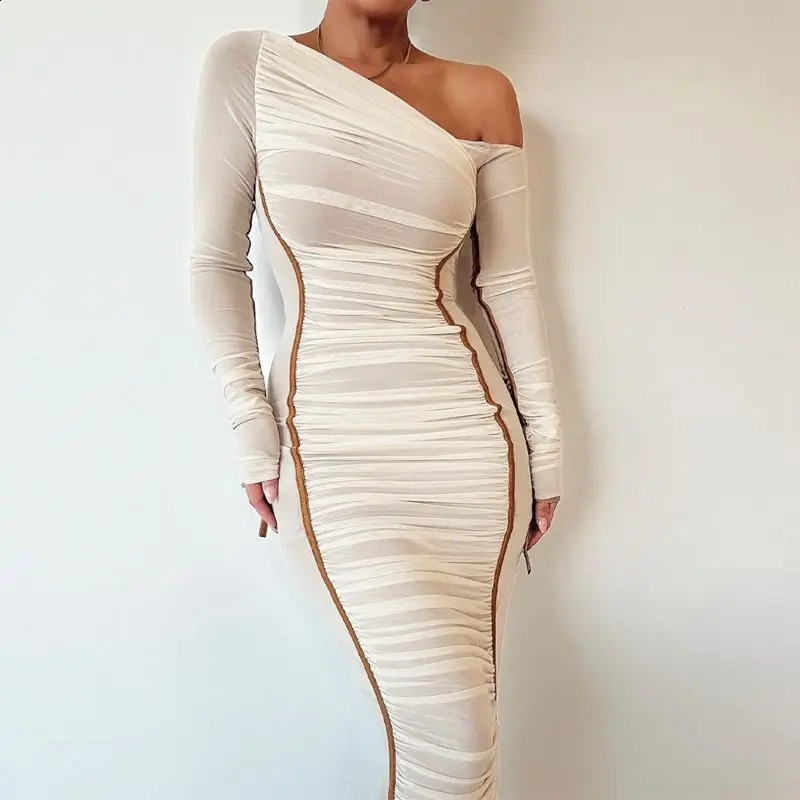 Elegant Diagonal Collar Long Sleeve Maxi Dresses for Women Sexy Two Layer Mesh Backless Ruched Bodycon Club Party Evening Dress 240823