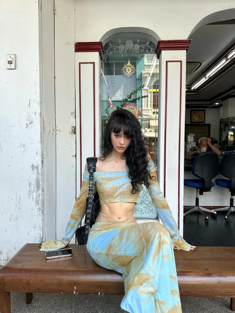 Temperament Slash Neck Contrast Color Vest Top Skirt Two-piece Set Women Print Split Midriff-baring Spicy Slim Summer Suit 240823